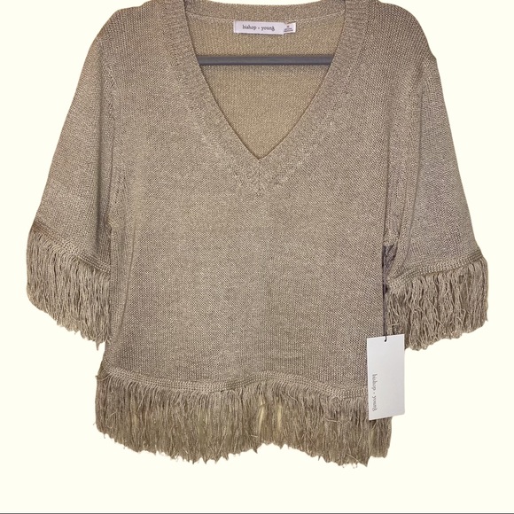 NWT BISHOP + YOUNG V-neck Fringe Sweater Oatmeal M - Picture 4 of 12